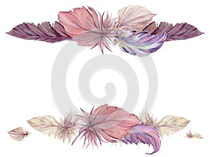 Hand drawn watercolor bird feather plume quill boho tribal ethnic indian purple. Horizontal frame isolated on white