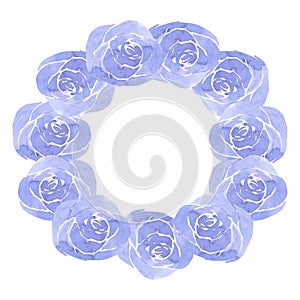 Hand drawn watercolor blue roses wreath on white background. Scrapbook, post card, wedding invitation, album