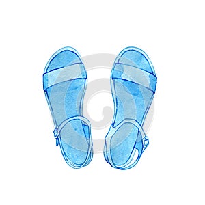 Hand drawn watercolor blue summer beach sandals