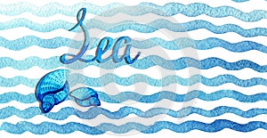 Hand drawn watercolor blue waves with seashells and lettering on white background. photo