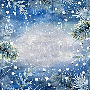 Hand drawn watercolor blue winter background