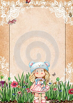 Hand drawn watercolor border template with flowers and Tilda. Illustration of watercolor, flowers, plants and greeting cards.