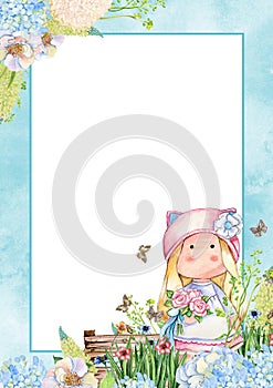 Hand drawn watercolor border template with flowers and Tilda. Illustration of watercolor, flowers, plants and greeting cards.