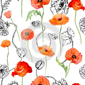 Hand drawn watercolor botanical illustration flowers leaves. Red poppy papaver, stems buds seedpods. Seamless pattern