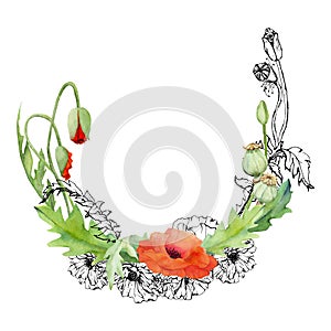 Hand drawn watercolor botanical illustration flowers leaves. Red poppy papaver, stems buds seedpods. Wreath frame