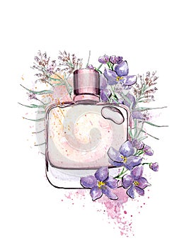 Hand drawn watercolor Bottle of perfume, scent fragrance