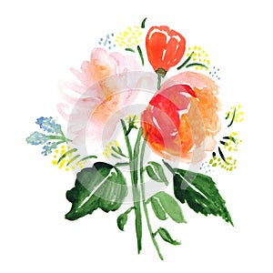 Hand drawn watercolor bouquet with roses, leaves and abstract flowers