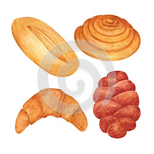 Hand drawn watercolor bread buns set. Isolated on white background. Can be used for Scrapbook design, cards, label, banner and any