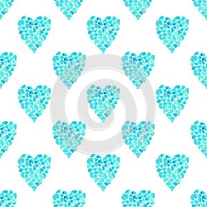 Hand drawn watercolor bright turquoise blue heart seamless pattern consisting of liquid drops