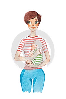 Hand-drawn watercolor cartoon portrait of young mother holding her sleeping baby