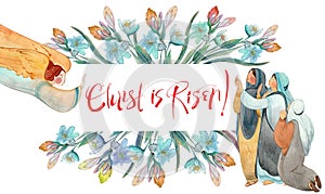 Hand drawn watercolor Christian illustration, frame, card Jesus Christ is risen, angel, flowers, myrrh-bearing wives photo