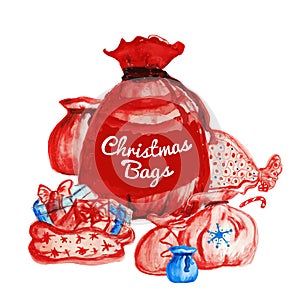 Watercolor Christmas Bags, Santa Bags, Red Sack Collection