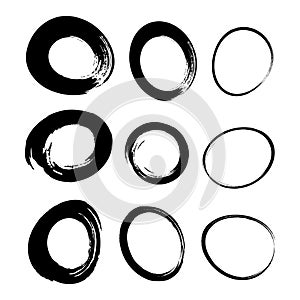 Hand drawn watercolor circle brush stroke set. Grunge chalk scribble ellipse and circle design elements. Vector