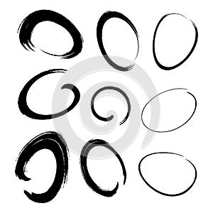 Hand drawn watercolor circle brush stroke set. Grunge chalk scribble ellipse and circle design elements. Vector doodle.