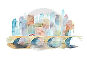 Hand drawn watercolor cityscape with a stone bridge in foreground and high buildings in background