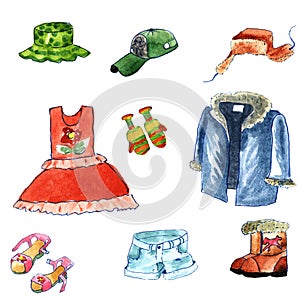 Hand drawn watercolor clothes cartoon style on white background. winter and summer cloth: fur cap with ear flaps,fur coat