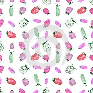 Hand drawn watercolor colorful strawberry seamless pattern isolated on white background. Can be used for textile, fabric and other