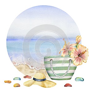 Hand drawn watercolor composition. Seascape with beach bag and hat, sea glass, hibiscus. Isolated on white background