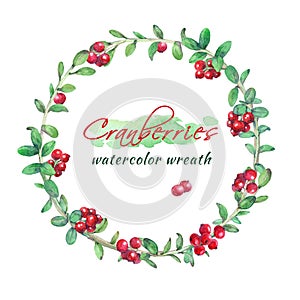Hand drawn watercolor cranberries wreath isolated on white background.