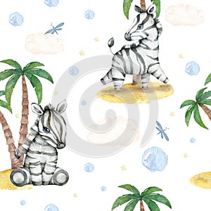 Hand drawn watercolor cute baby zebra walking, cartoon isolated illustration on white background