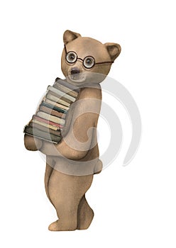 Hand drawn watercolor cute bear with books