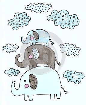 Hand drawn watercolor cute elephants and clouds set. cartoon children illustration