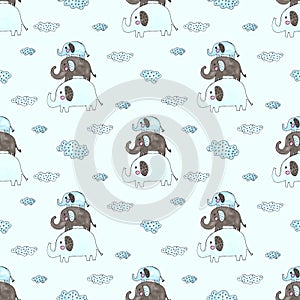 Hand drawn watercolor cute elephants and clouds set. cartoon children illustration