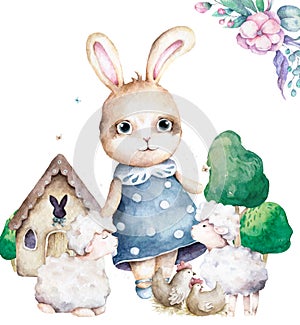 Hand drawn watercolor cute set with bunny with sheep and house farm design. Rabbit bohemian cartoon style, isolated boho
