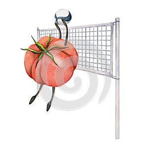 Hand drawn watercolor cute tomato character playing volleyball block serve practice. Fitness health. Illustration