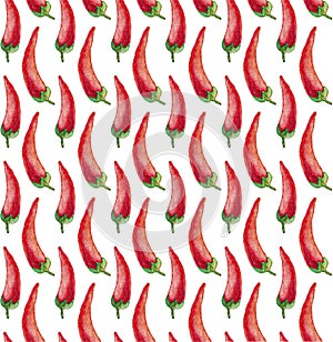 Hand drawn watercolor dark seamless pattern with red chilly peppers on the black background. Hand painting on paper for wrapper,