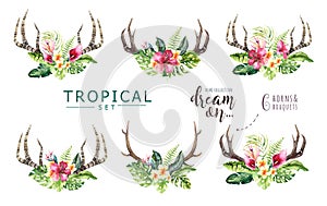 Hand drawn watercolor deer horns with tropical flower bouquets. Exotic palm leaves, jungle tree, brazil tropic botany