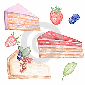 Hand drawn watercolor dessert set:cheesecake, cakes slices with whipped cream and strawberry, blackberry and leaf
