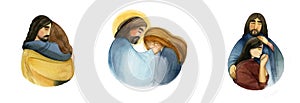 Hand-drawn watercolor drawings of Jesus Christ being consoled by a woman, girl. Isolated Christian illustrations of figures on a photo