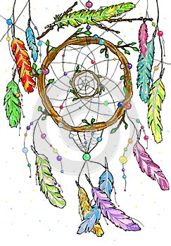 Hand drawn watercolor dream catcher from tree branches