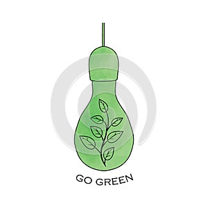 Hand drawn Watercolor Eco Energy Concept with lightbulb and foliage