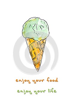 Hand drawn watercolor element. Quote Enjoy your food. Enjoy your ife.