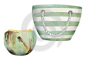 Hand drawn watercolor elements. Striped beach canvas bag with accessories, coconut shell. Isolated on white background