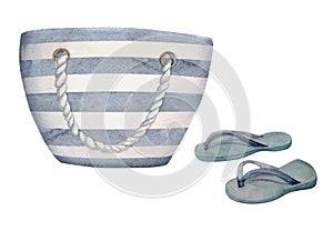 Hand drawn watercolor elements. Striped beach canvas bag, accessories, flip-flop sandals. Isolated on white background