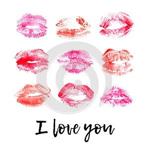 Hand drawn watercolor fashion illustration lipstick kiss. Female card with red lips and text