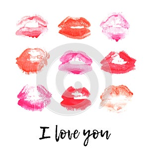 Hand drawn watercolor fashion illustration lipstick kiss. Female card with red lips and text