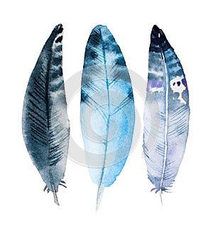 Hand drawn watercolor feather set, raster