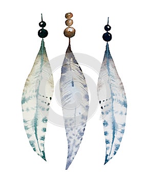 Hand drawn watercolor feather set, raster