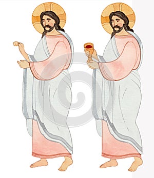 A hand-drawn watercolor figure of Jesus Christ holding the Sacrament: bread and wine. For use for Christian purposes: publications