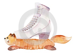 Hand drawn watercolor figure skating boots cute toy fox plush soaker, winter sports gear. Illustration isolated object