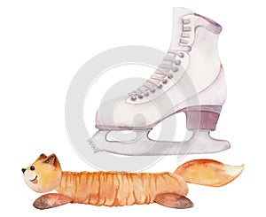 Hand drawn watercolor figure skating boots cute toy fox plush soaker, winter sports gear. Illustration isolated object