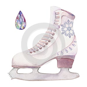 Hand drawn watercolor figure skating boots, sports gear, footwear with snowflakes and crystal. Illustration isolated