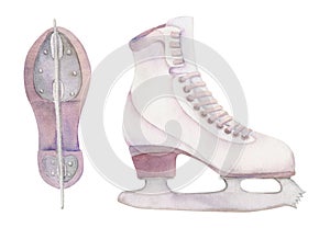 Hand drawn watercolor figure skating boots, winter sports footwear, gear equipment. Illustration isolated object, white