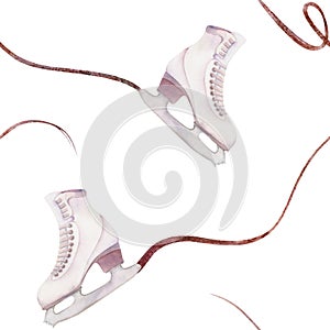 Hand drawn watercolor figure skating boots, winter sports gear, ice trail swirl glitter. Illustration isolated seamless