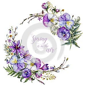 Hand Drawn Watercolor Floral Decoration Isolated on White. Spring Flowers Arrangement in Vintage Style