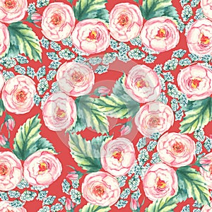 Hand drawn watercolor floral seamless pattern with tender pink roses in on the red background